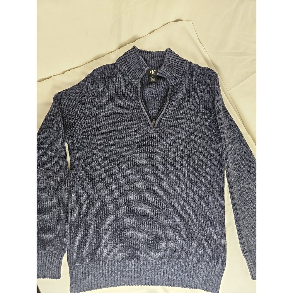 Vintage Calvin Klein Men's Medium Blue Quarter Zip Knit Cotton Sweater